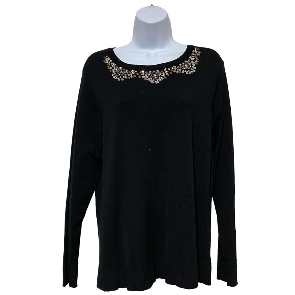 Women's XXL Black Sweater Long Sleeve Rhinestone Neckline Design By-Faded Glory